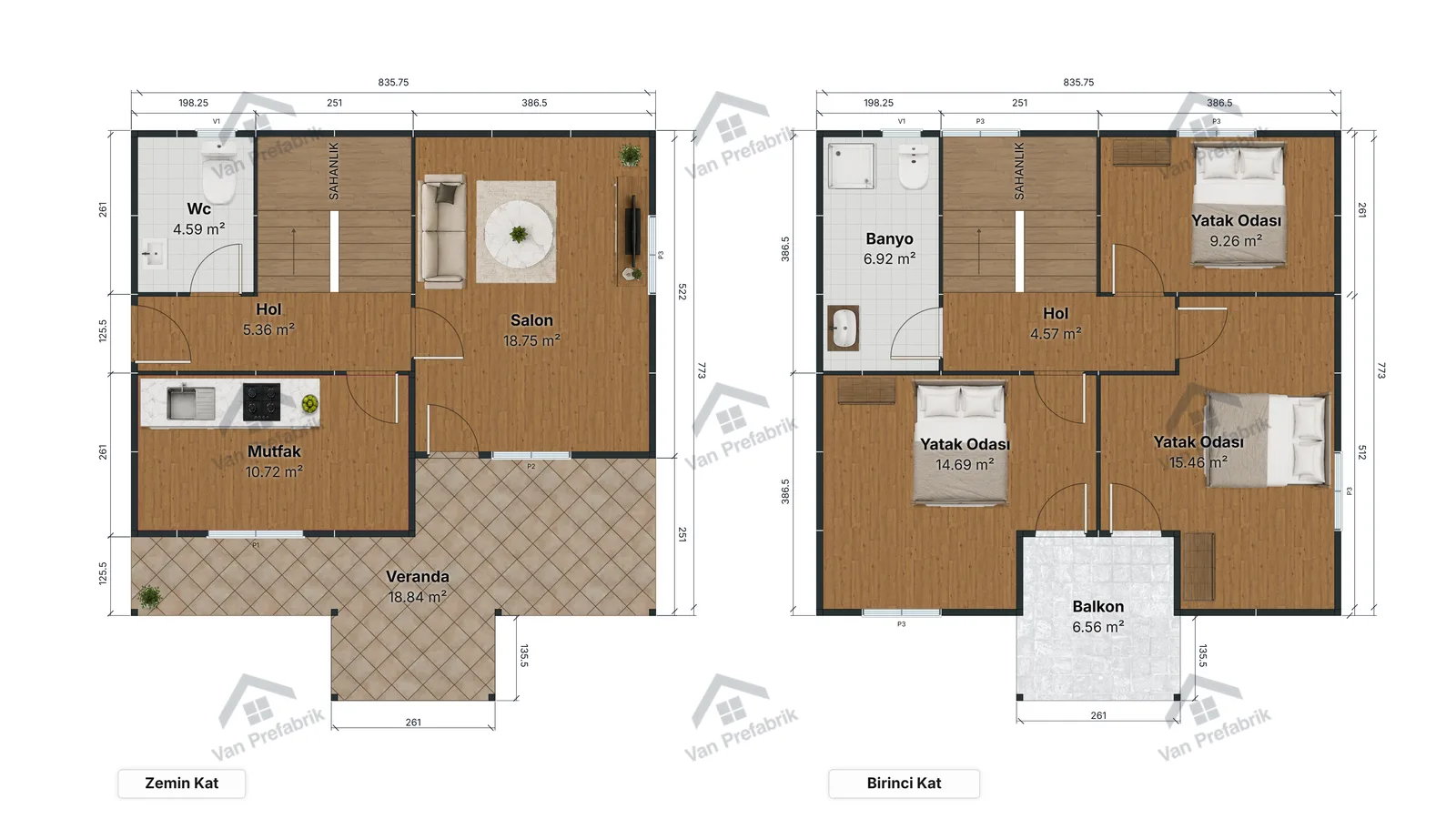 136 m² Dubleks Prefabrik kat planı