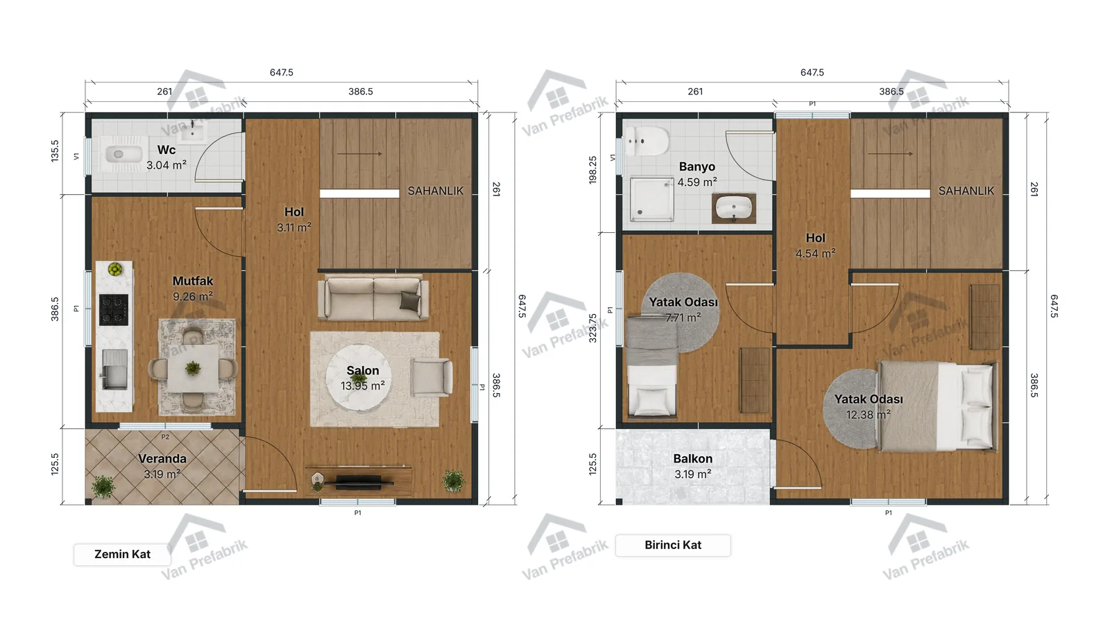 84 m² Dubleks Prefabrik kat planı