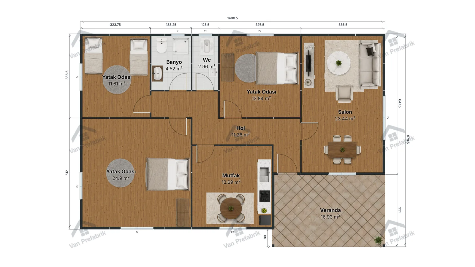130 m² Tek Katlı Prefabrik kat planı