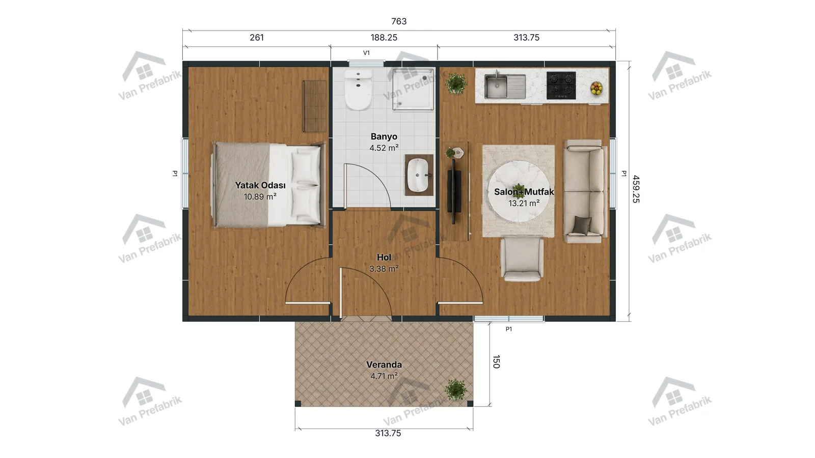 40 m² Tek Katlı Prefabrik kat planı