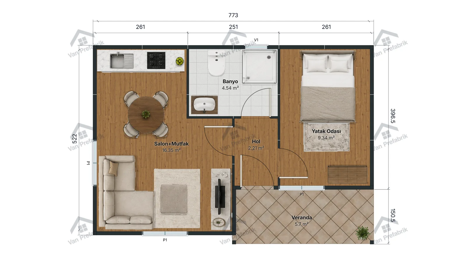 41 m² Tek Katlı Prefabrik kat planı
